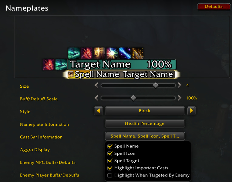 Midnight nameplate options test cast bar with spell icon active